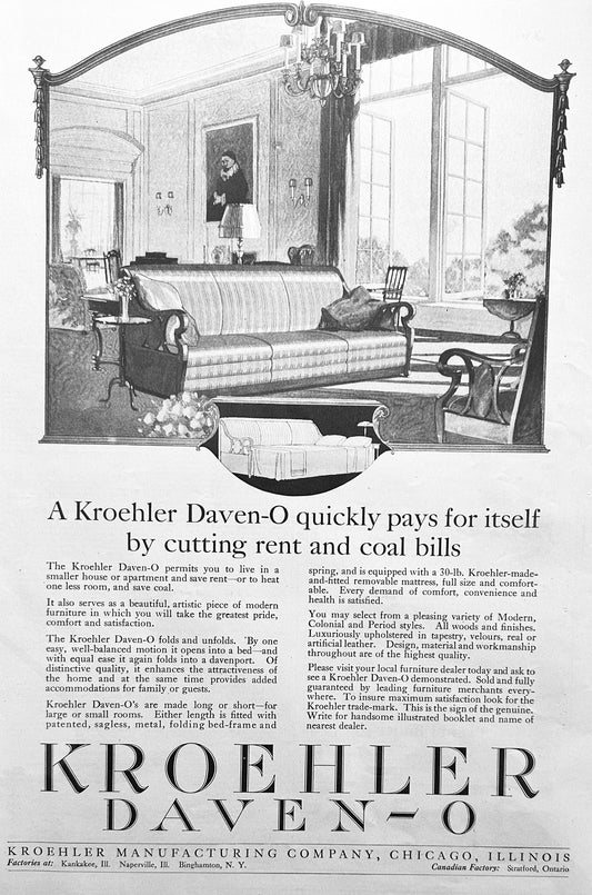 1920 (2) Antique Kroehler DAVEN-O Sleeper Sofa Ad Set #86