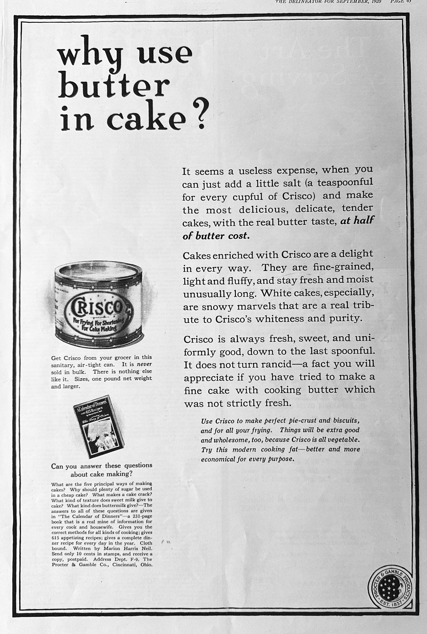 1916 - 1920 Crisco Shortening Advertisements Set # 1736