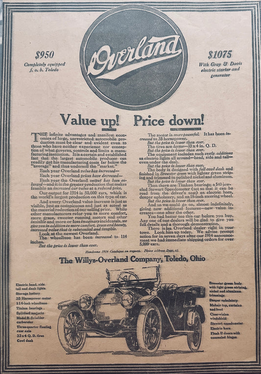 1913 Overland - Willys-0Overland Company Toledo, OH Ad #1748 Set