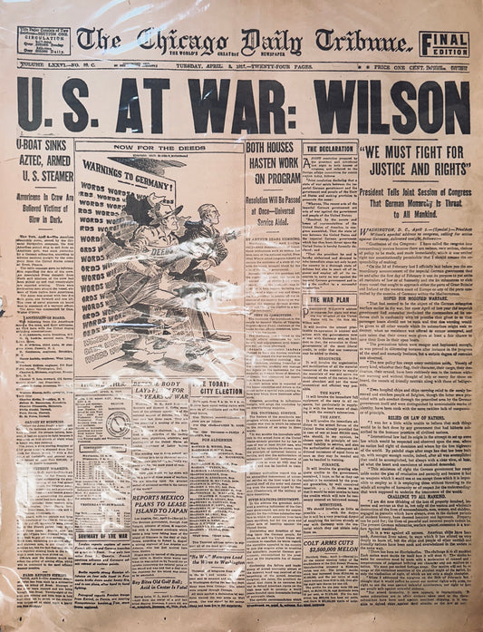 1930's Reprint of Apr 3, 1917 Historic Headline US AT WAR: WILSON HH0015