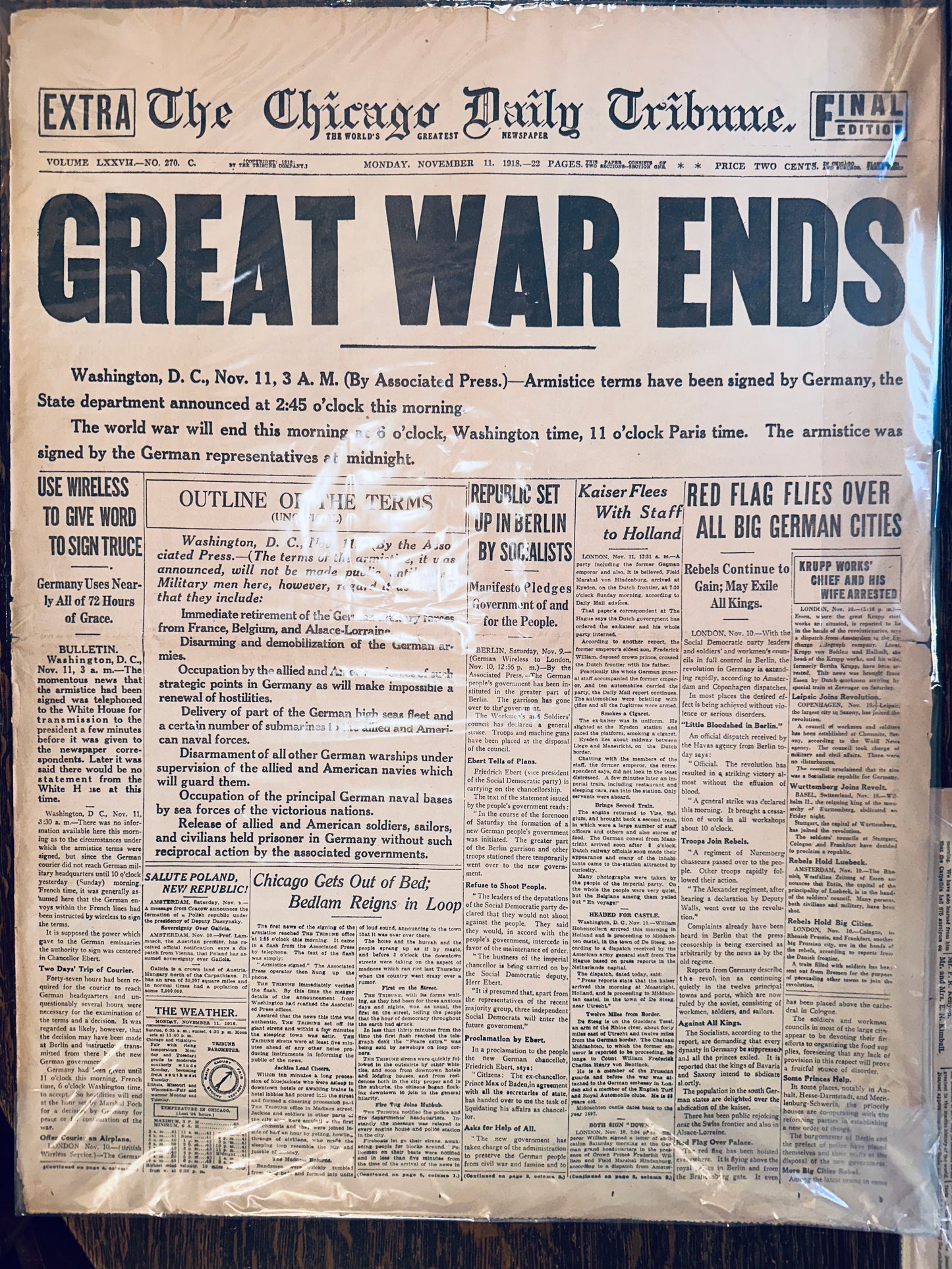 1930's Reprint of Nov 11, 1918 Historic Headline GREAT WAR ENDS HH0016