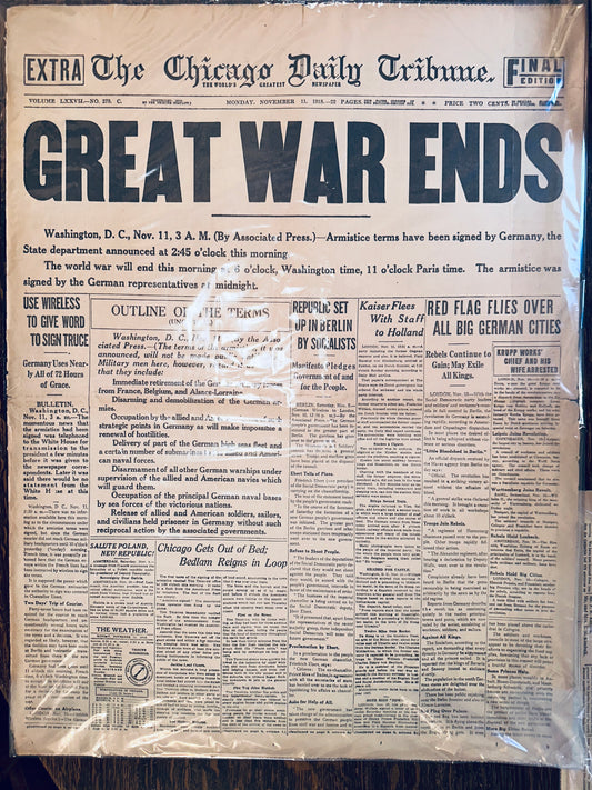 1930's Reprint of Nov 11, 1918 Historic Headline GREAT WAR ENDS HH0016
