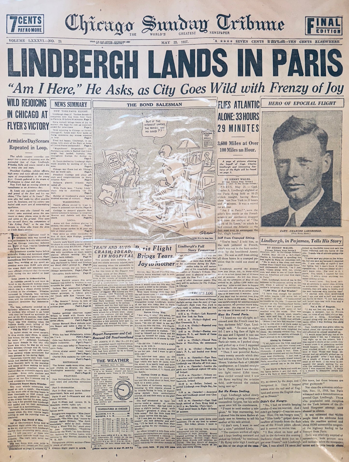 1930's Reprint of May 22, 1927 Historic Headline LINDBERGH LANDS IN PARIS HH0017