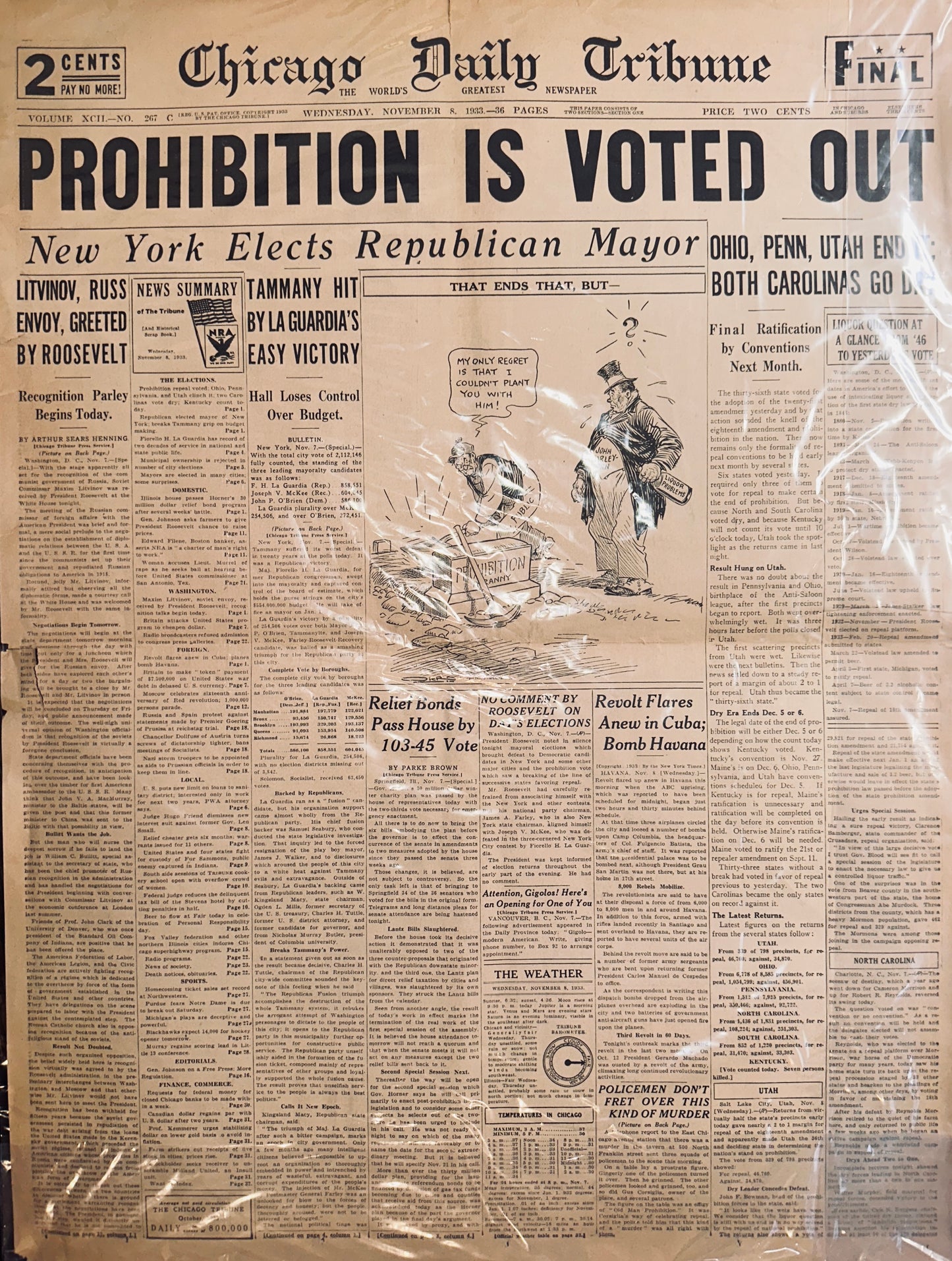 1930's Reprint of Nov 8, 1933 Historic Headline PROHIBITION VOTED OUT HH0018