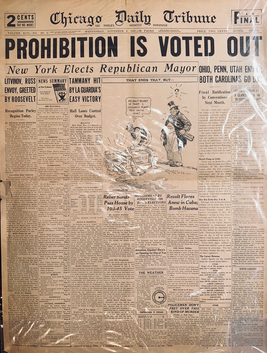 1930's Reprint of Nov 8, 1933 Historic Headline PROHIBITION VOTED OUT HH0018