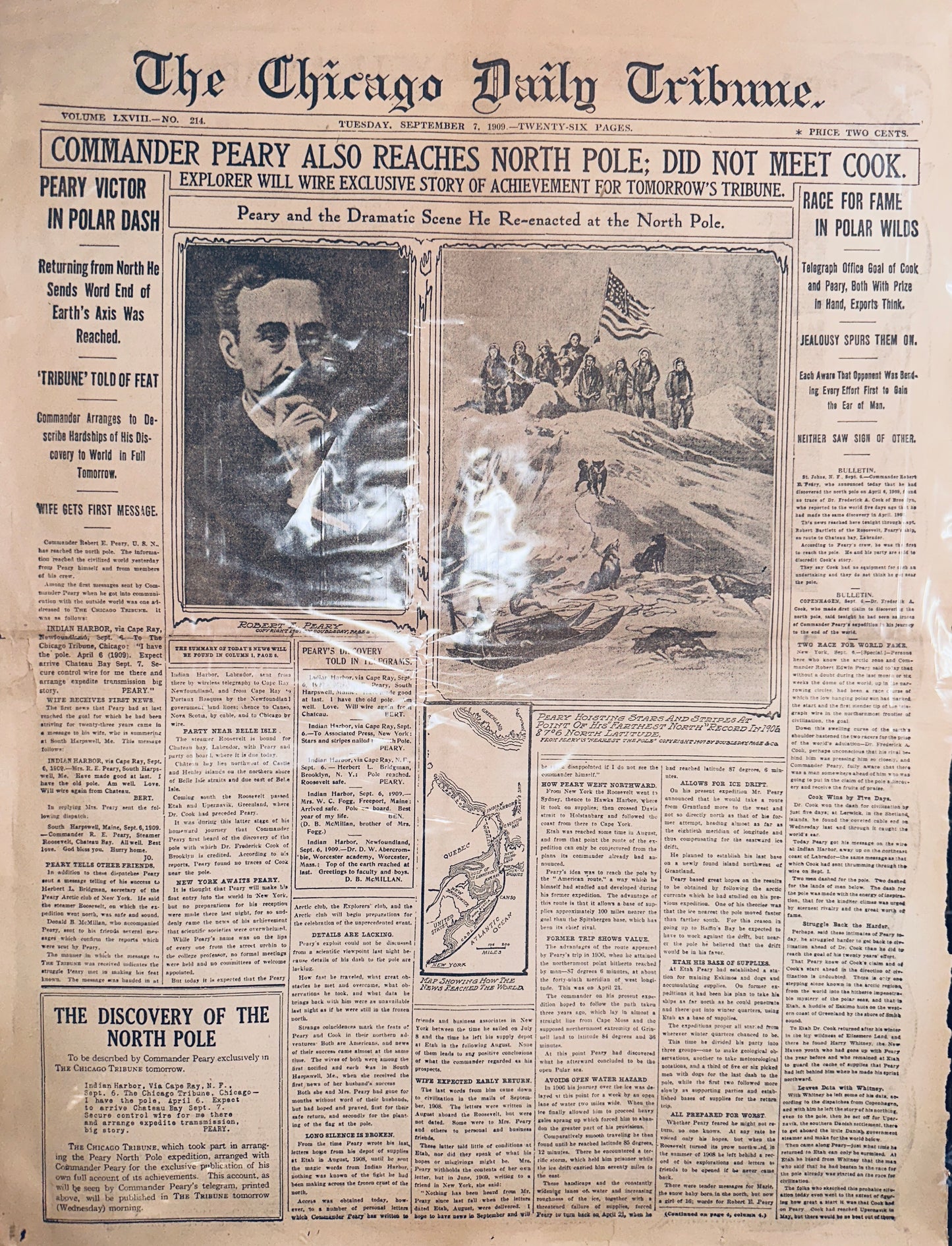 1930's Reprint of 1909 Historic Headline Peary Reaches North Pole HH0019