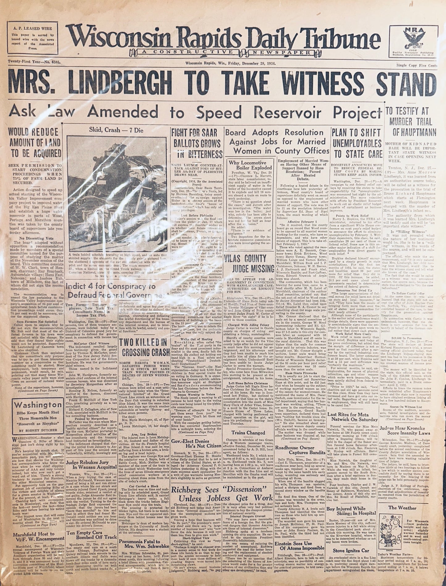 1934, Dec 28 Historic Headline - Mrs. Lindbergh to Take Witness Stand HH0020