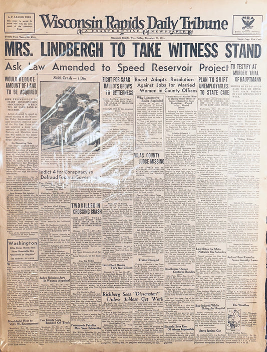 1934, Dec 28 Historic Headline - Mrs. Lindbergh to Take Witness Stand HH0020