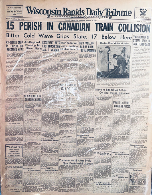 1934, Dec 26 Historic Headline - 15 PERISH IN CANADIAN TRAIN CRASH -HH023