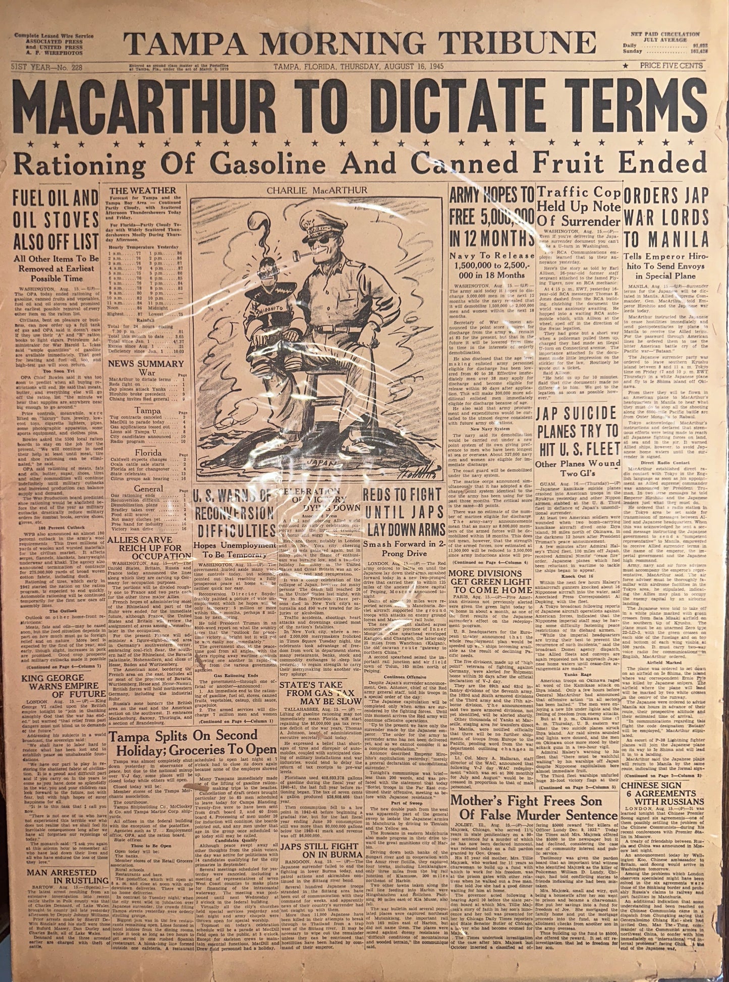 1945 Tampa Morning Tribune - MACARTHUR TO DICTATE TERMS - HH0026