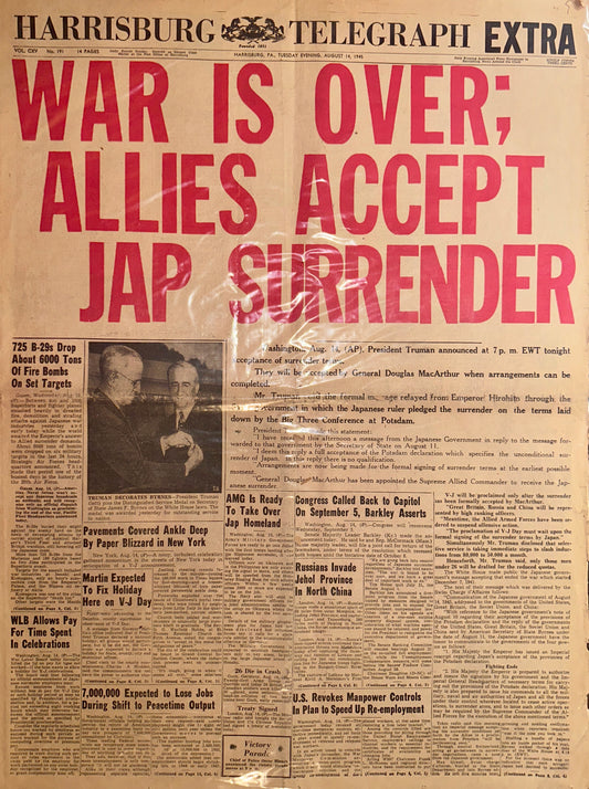 1945 HARRISBURG TELEGRAPH HH0027 WAR IS OVER!