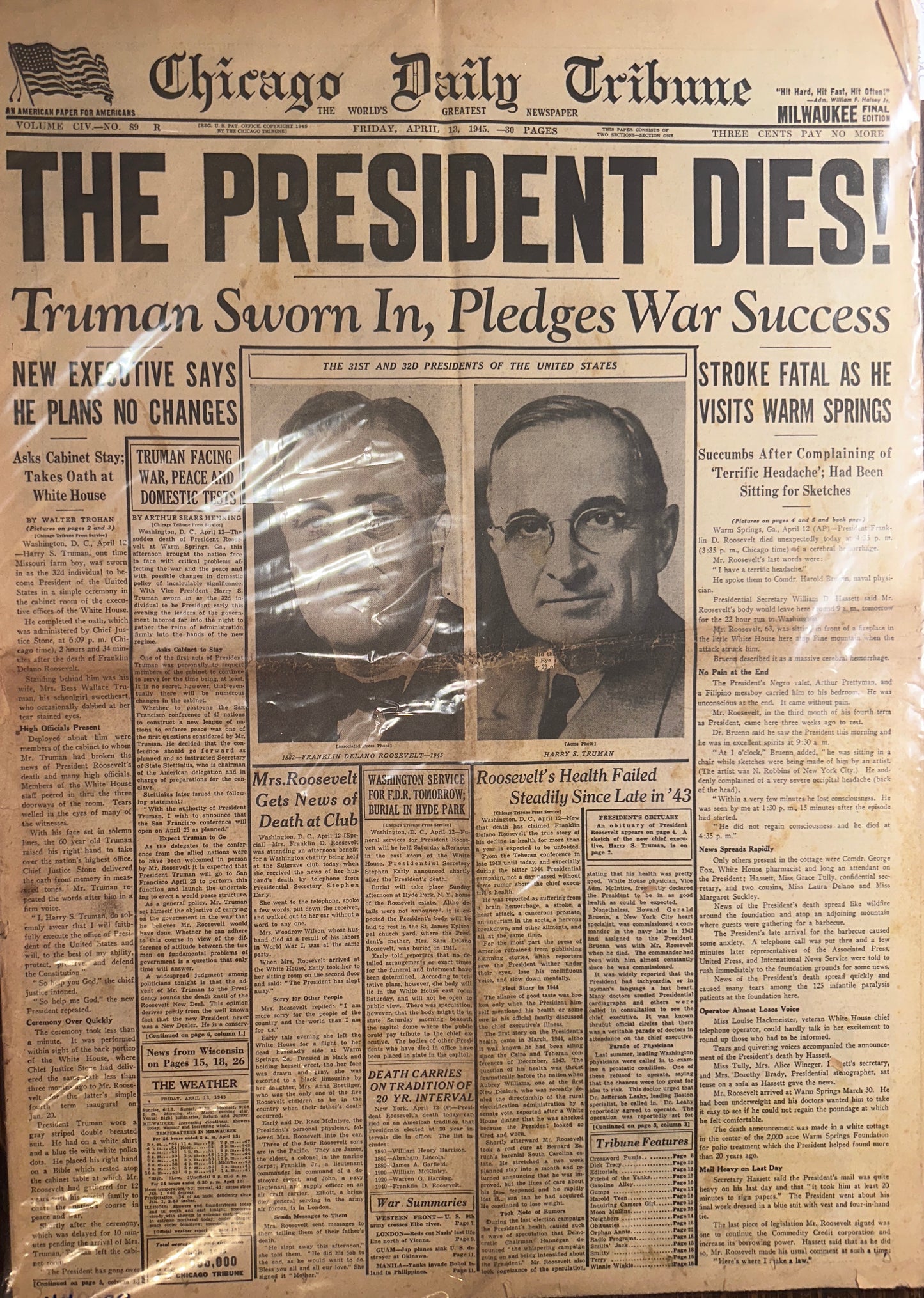 1945 -APR-13 CHICAGO DAILY TRIBUNE- THE PRESIDENT DIES! HH0028