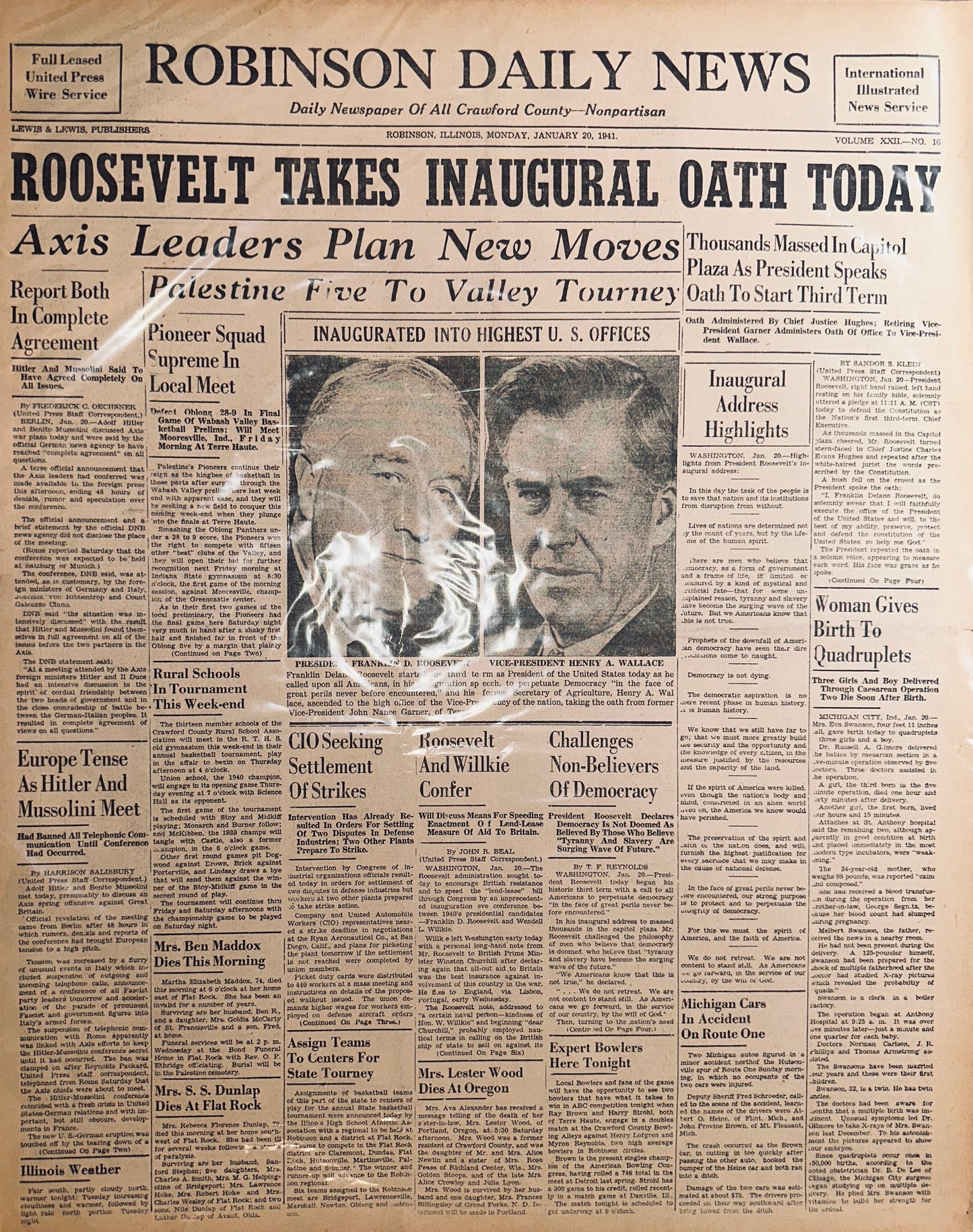 1941 -Jan 20 Robinson Daily News HH0030 Roosevelt Takes Inaugural Oath