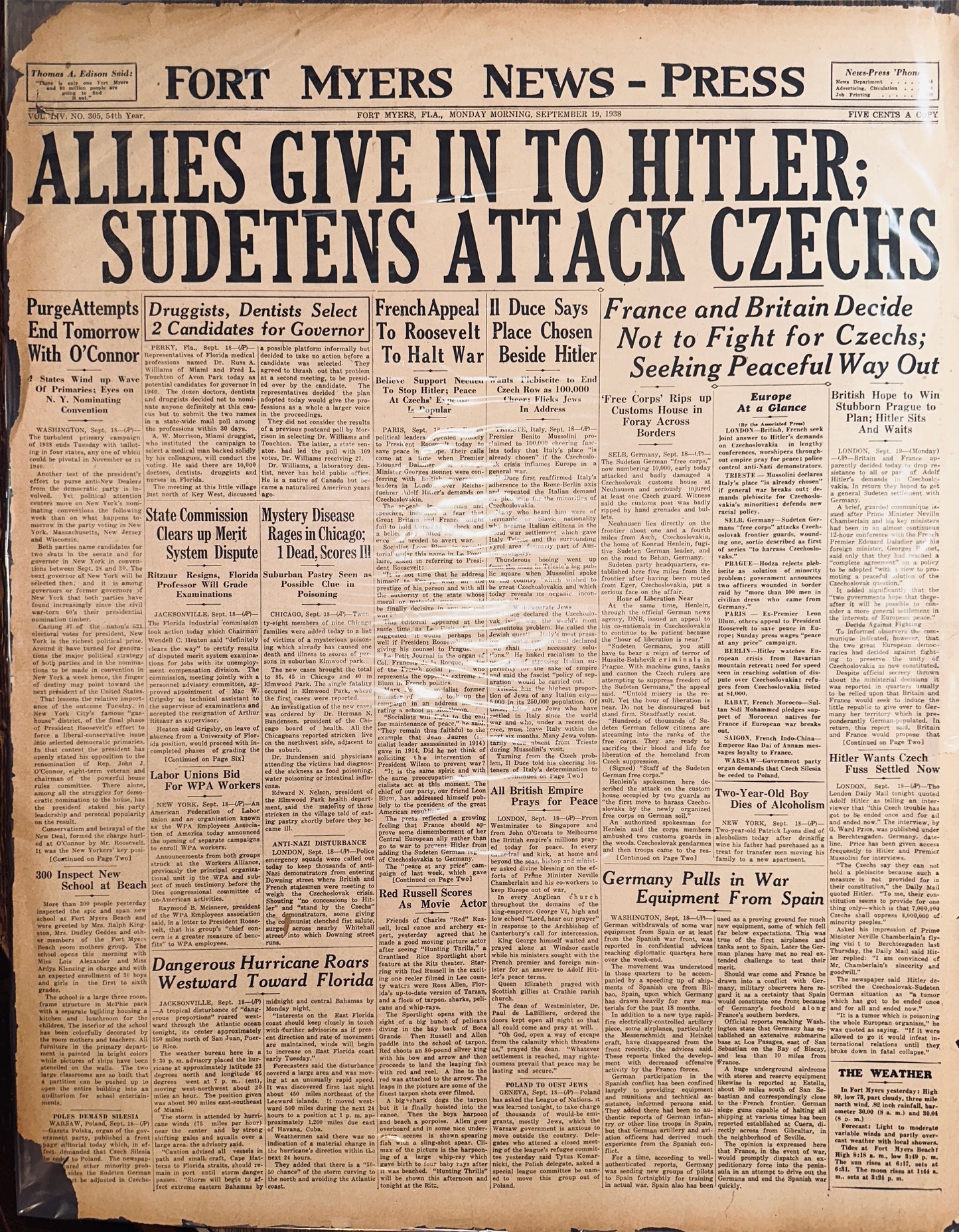 1938-SEPT-19: FORT-MYERS NEW-PRESS: ALLIES GIVE IN TO GERMANY HH0032