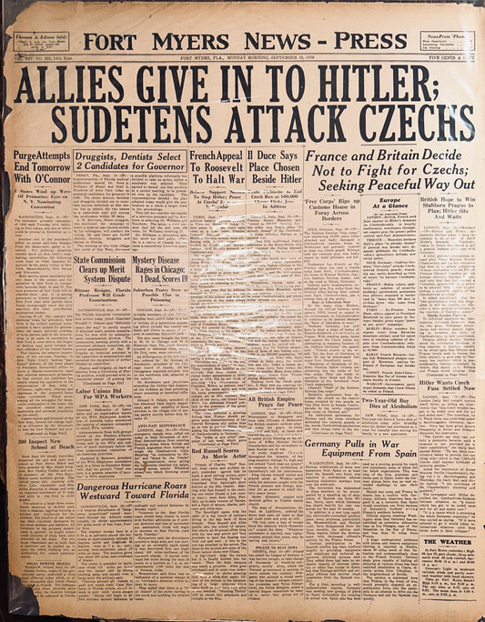 1938-SEPT-19: FORT-MYERS NEW-PRESS: ALLIES GIVE IN TO GERMANY HH0032