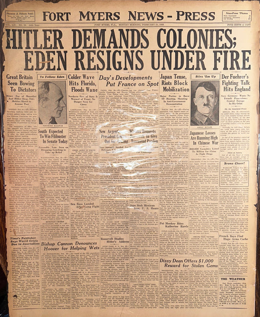 1938-FEB-21: FORT-MYERS NEW-PRESS: HITLER DEMANDS COLONIES HH0033