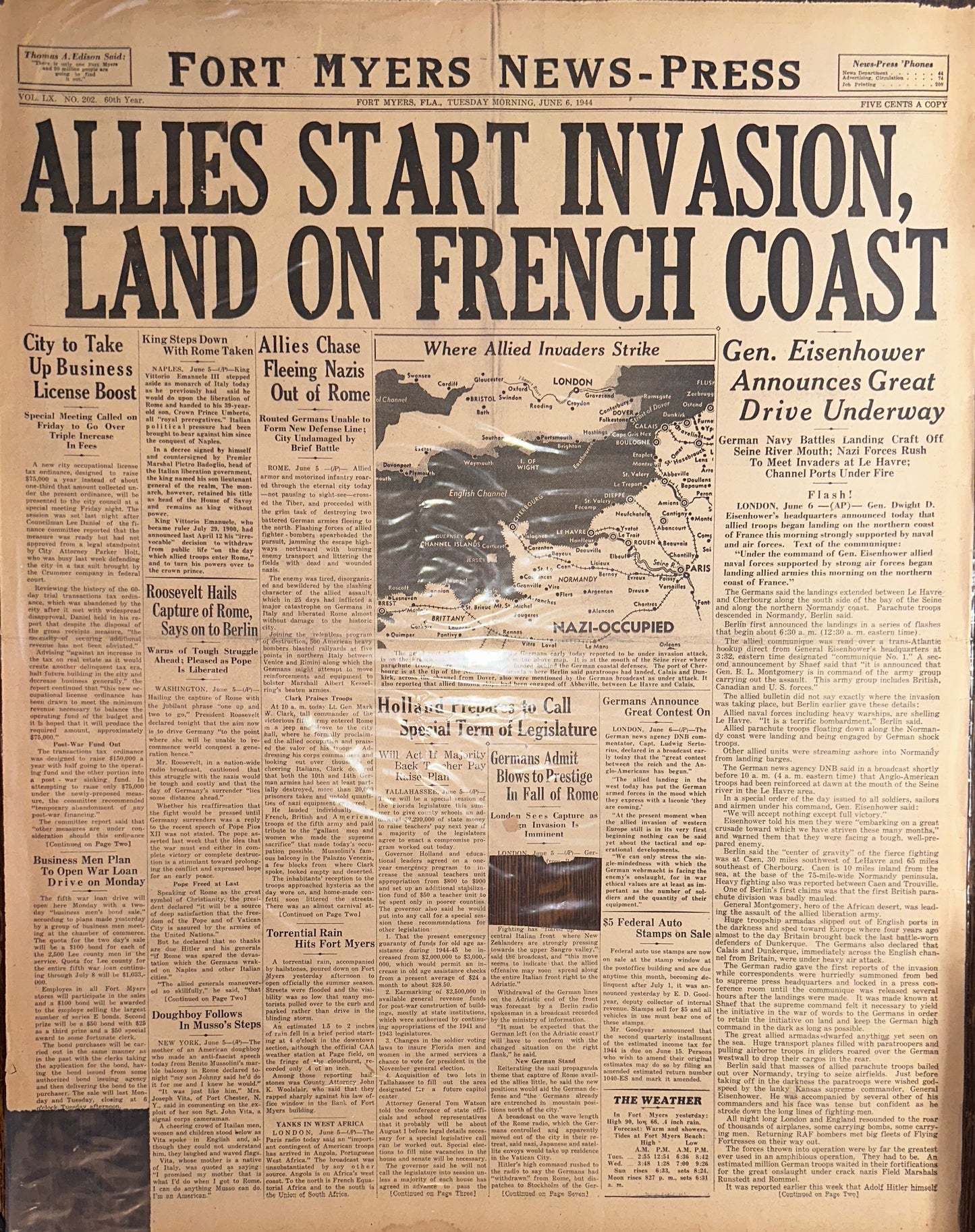 1944-JUN-6: FORT-MYERS NEW-PRESS: ALLIES START INVASION HH0034