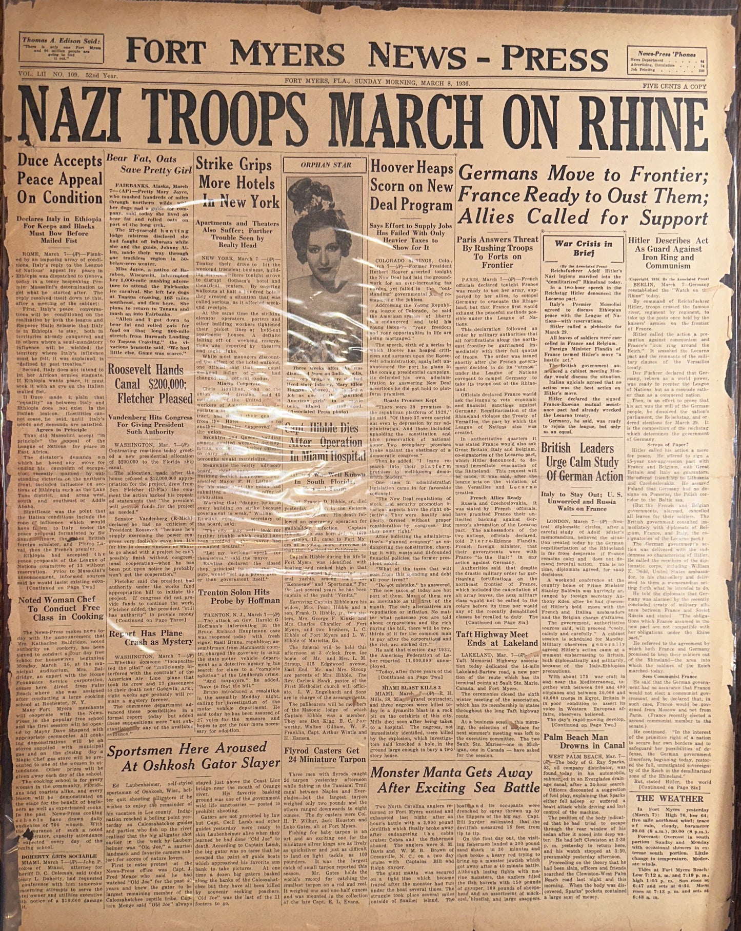 1936-MAR 8, NAZI TROOPS MARCH ON RHINE- FORT MYERS NEWS-PRESS HH0035