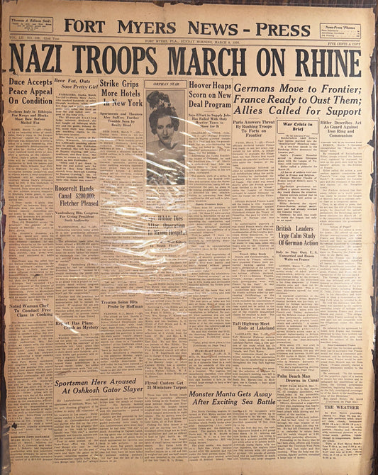 1936-MAR 8, NAZI TROOPS MARCH ON RHINE- FORT MYERS NEWS-PRESS HH0035