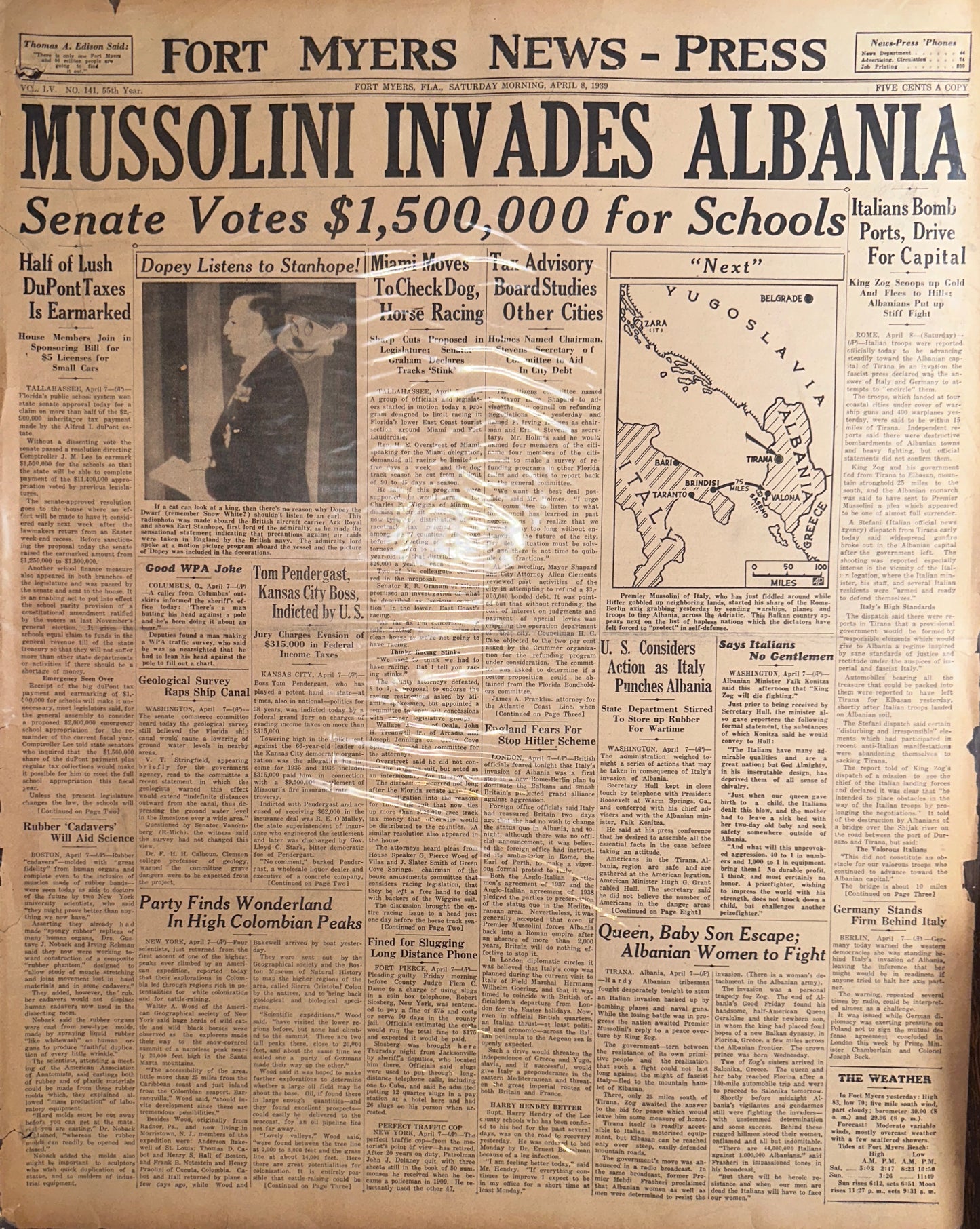 1939-APR 8, MUSSOLINI INVADES ALBANIA- FORT MYERS NEWS-PRESS HH0036
