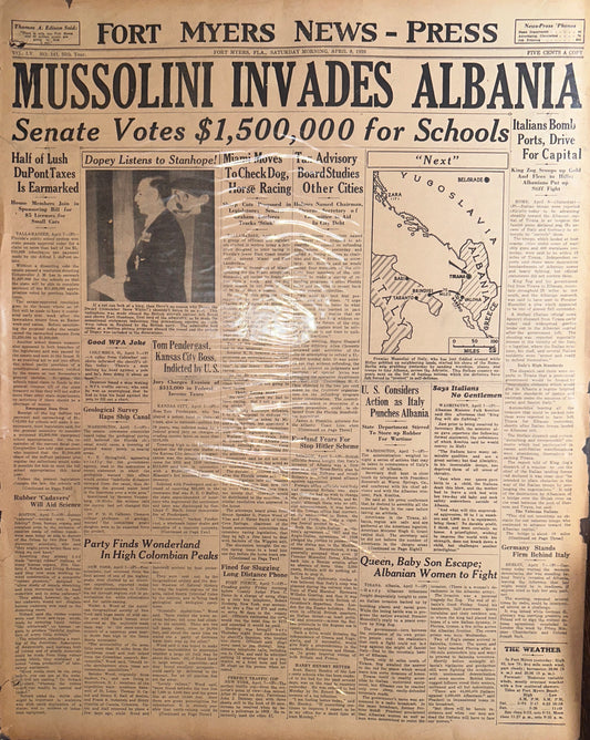 1939-APR 8, MUSSOLINI INVADES ALBANIA- FORT MYERS NEWS-PRESS HH0036