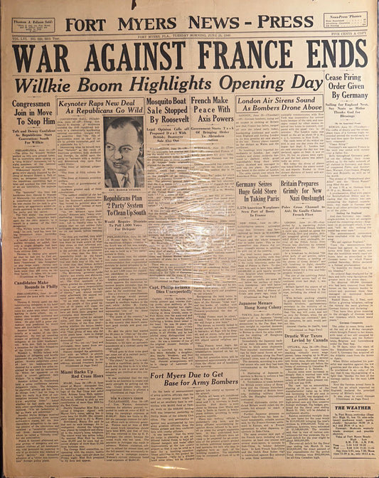 1940-JUN-25 HISTORIC HEADLINE WAR AGAINST FRANCE ENDS HH0043