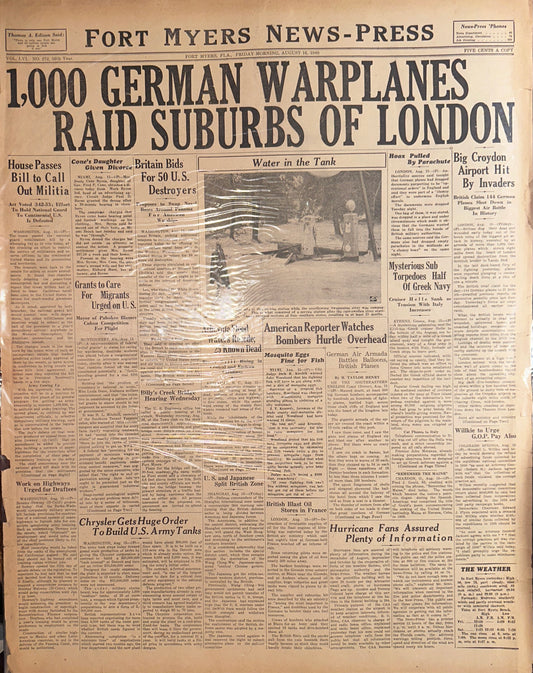 1940-AUG-16 HISTORIC HEADLINES GERMAN WARPLANES RAID LONDON - HH0044