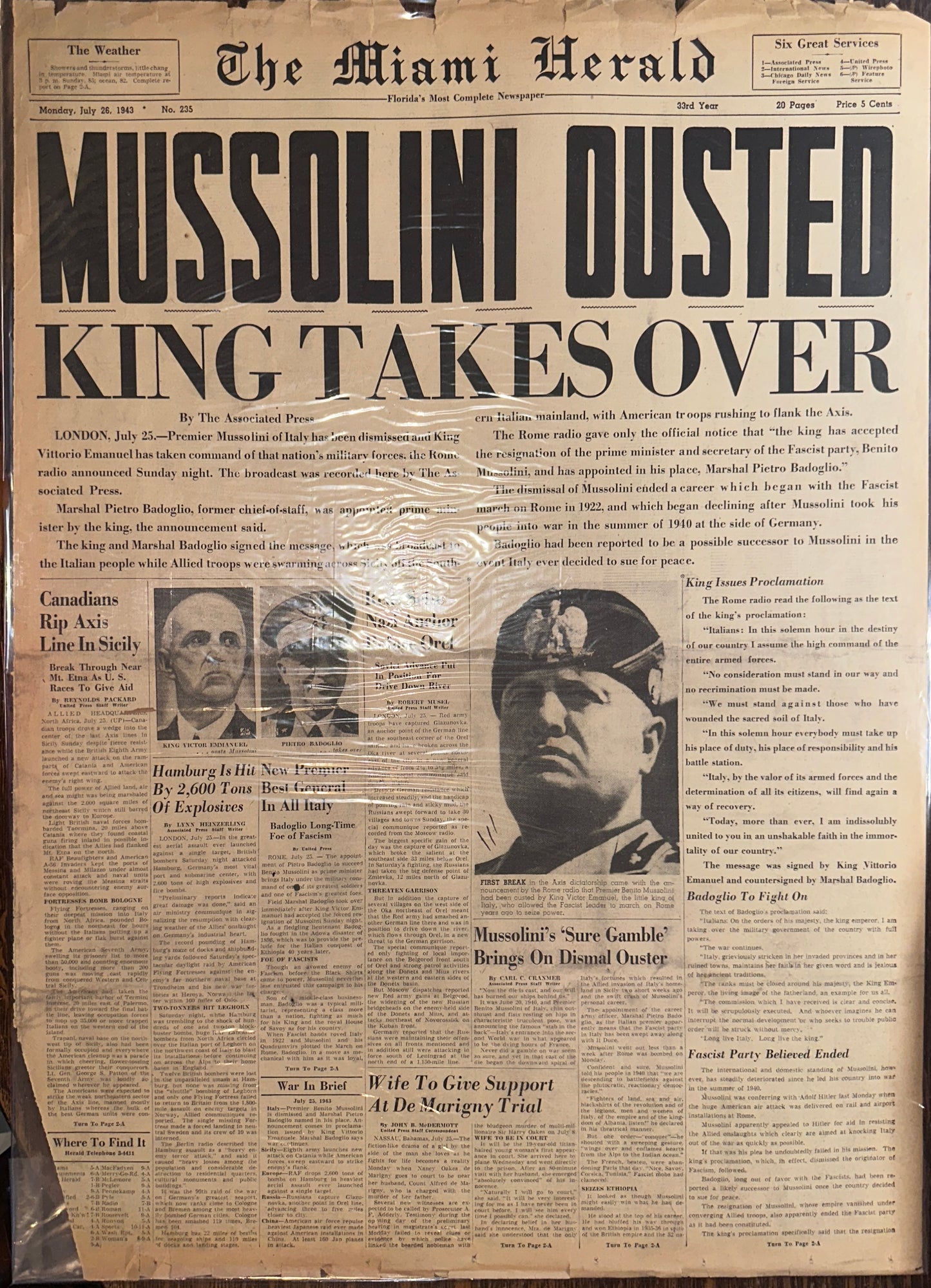 1943-JUL-26: MUSSOLINI OUSTED KING TAKES OVER HISTORIC HEADLINE HH0045