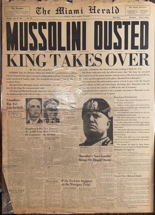 1943-JUL-26: MUSSOLINI OUSTED KING TAKES OVER HISTORIC HEADLINE HH0045