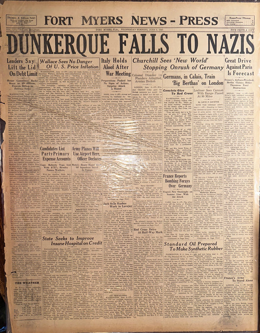 1940-JUN-5: HISTORIC HEADLINE DUNKERQUE FALLS HH0046