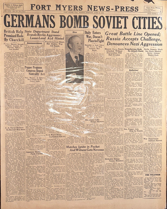 1941-JUN-23: GERMANS BOMB SOVIET CITIES HISTORIC HEADLINES HH0048