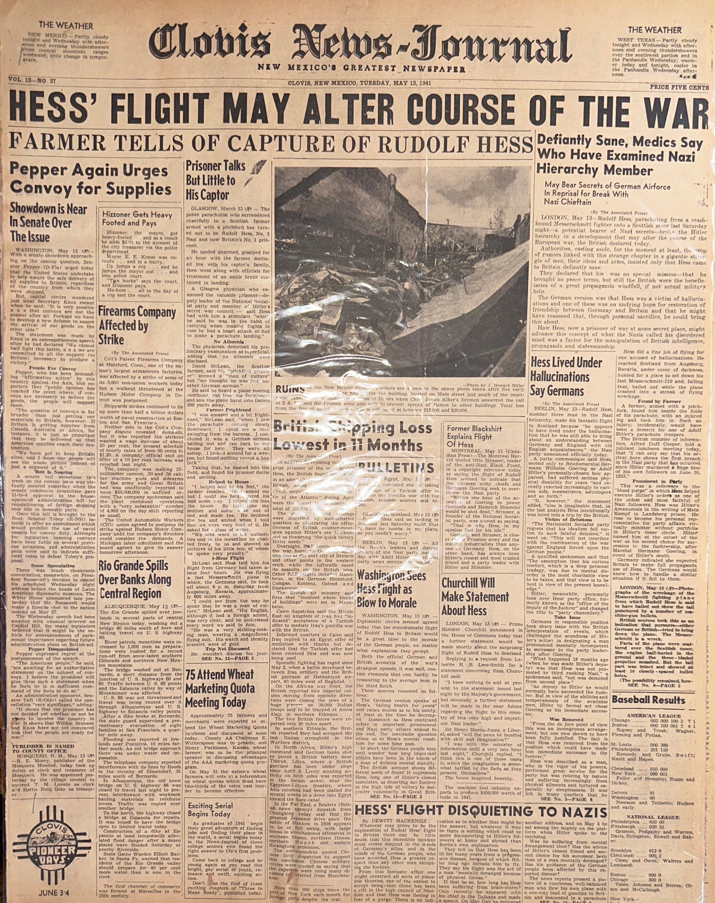 1941-MAY-13: FLIGHT MAY ALTER COURSE OF WWII - HISTORIC HEADLINE HH0049