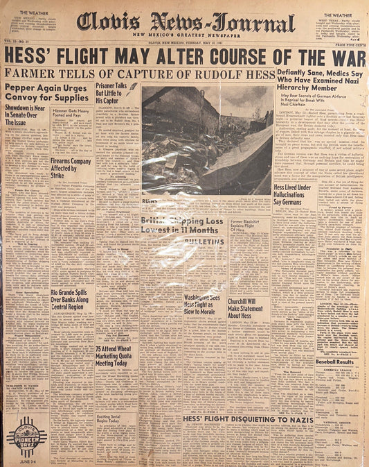 1941-MAY-13: FLIGHT MAY ALTER COURSE OF WWII - HISTORIC HEADLINE HH0049