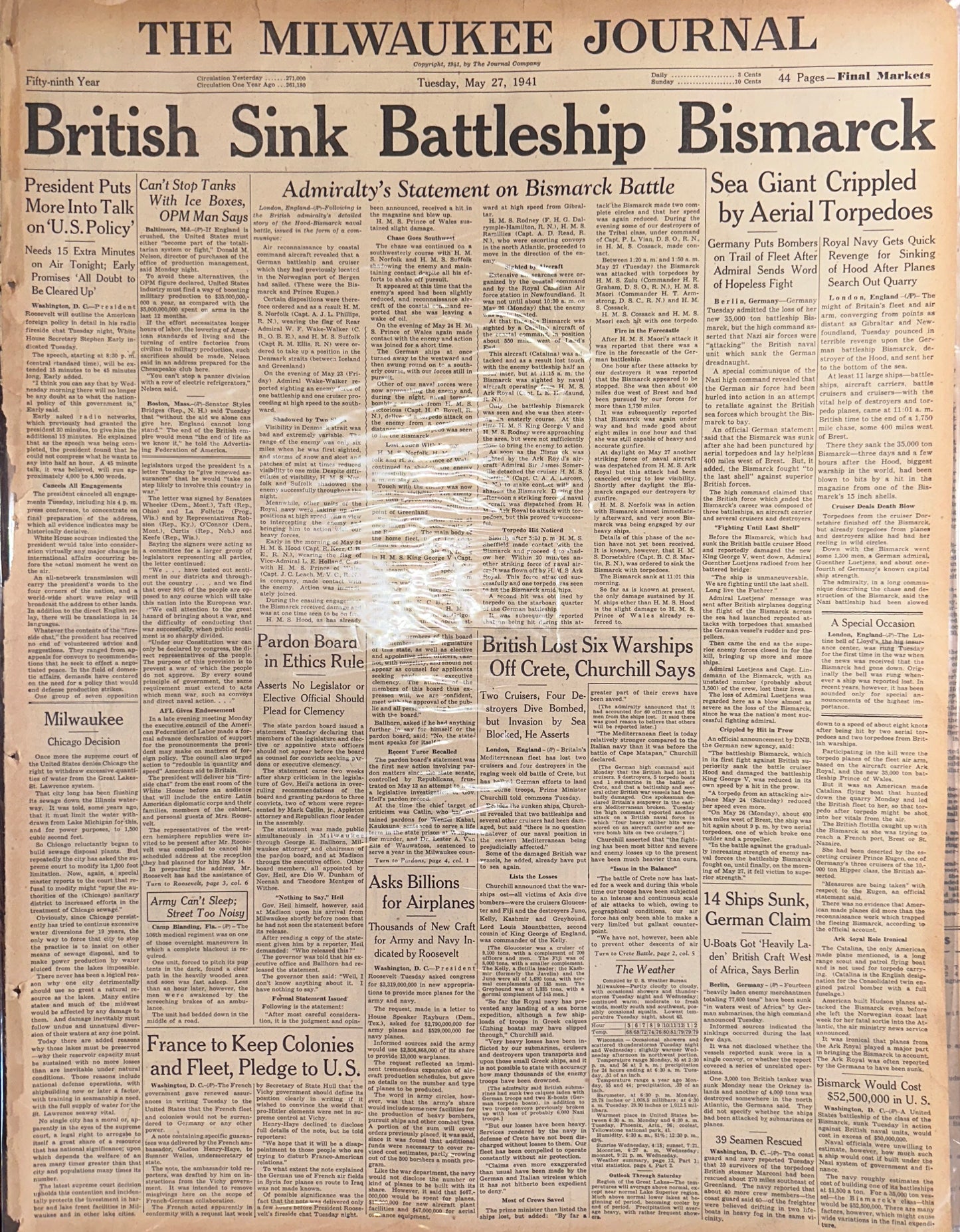 1941-MAY-27: HISTORIC HEADLINE- BRITISH SINK BATTLESHIP BISMARK HH0050