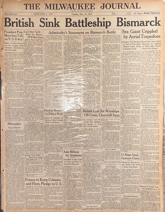 1941-MAY-27: HISTORIC HEADLINE- BRITISH SINK BATTLESHIP BISMARK HH0050