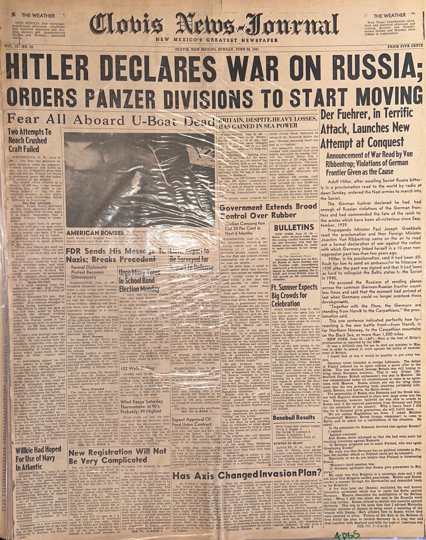 1941-JUN-22: GERMANY DECLARES WAR ON RUSSIA- HISTORIC HEADLINE HH0052