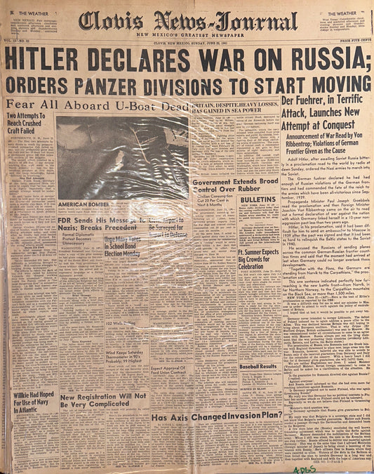 1941-JUN-22: GERMANY DECLARES WAR ON RUSSIA- HISTORIC HEADLINE HH0052