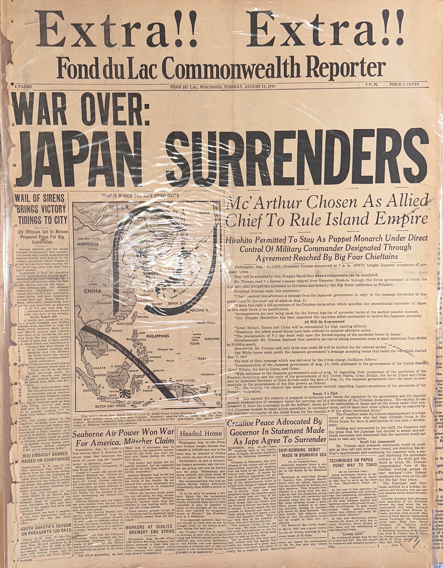 1945-AUG-14 WAR OVER: JAPAN SURRENDERS HISTORIC HEADLINE HH0053