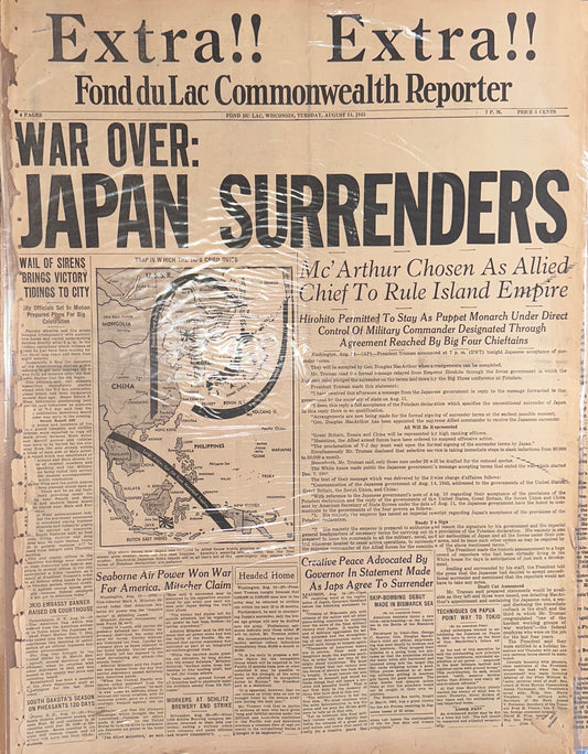 1945-AUG-14 WAR OVER: JAPAN SURRENDERS HISTORIC HEADLINE HH0053