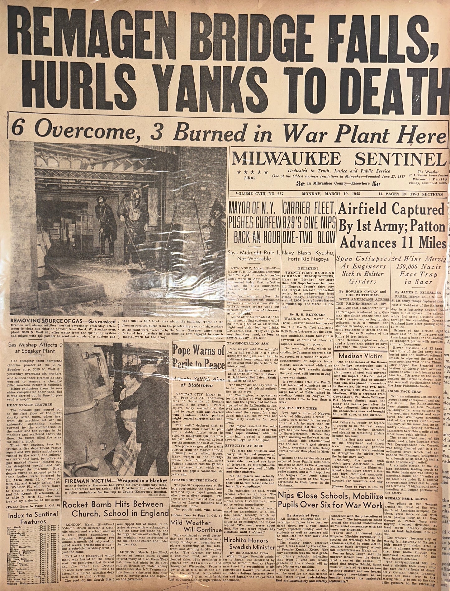 1945-MAR-19 WWII HISTORIC HEADLINE REMAGEN BRIDGE FALLS HH0060