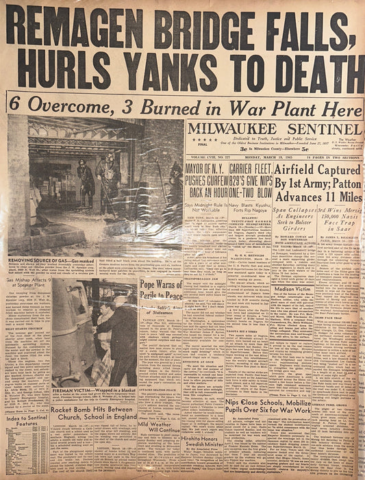 1945-MAR-19 WWII HISTORIC HEADLINE REMAGEN BRIDGE FALLS HH0060