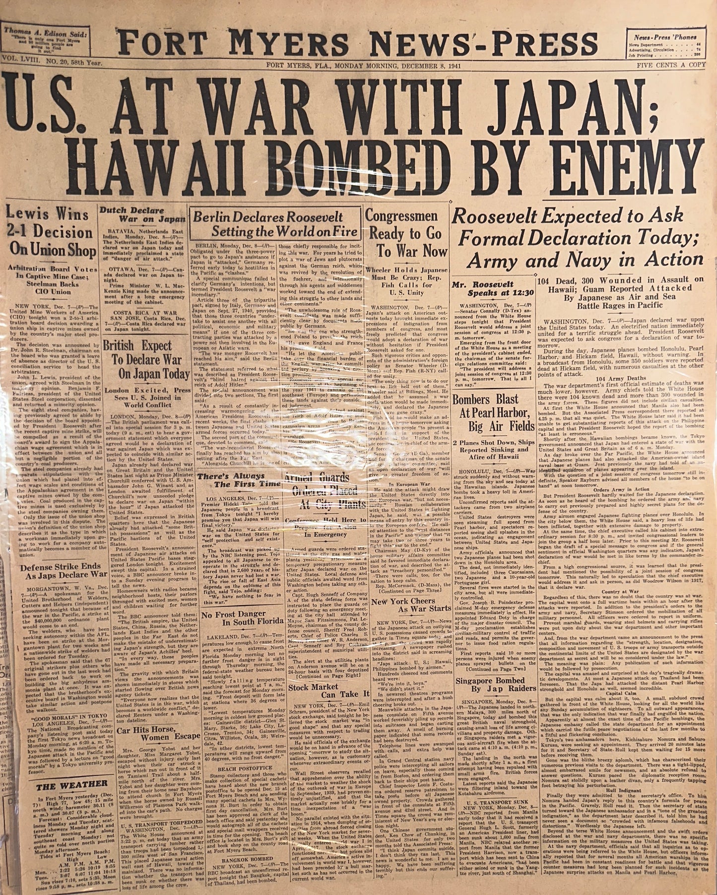 1941-DEC-8 WWII HISTORIC HEADLINE PEARL HARBOR -US AT WAR HH0061