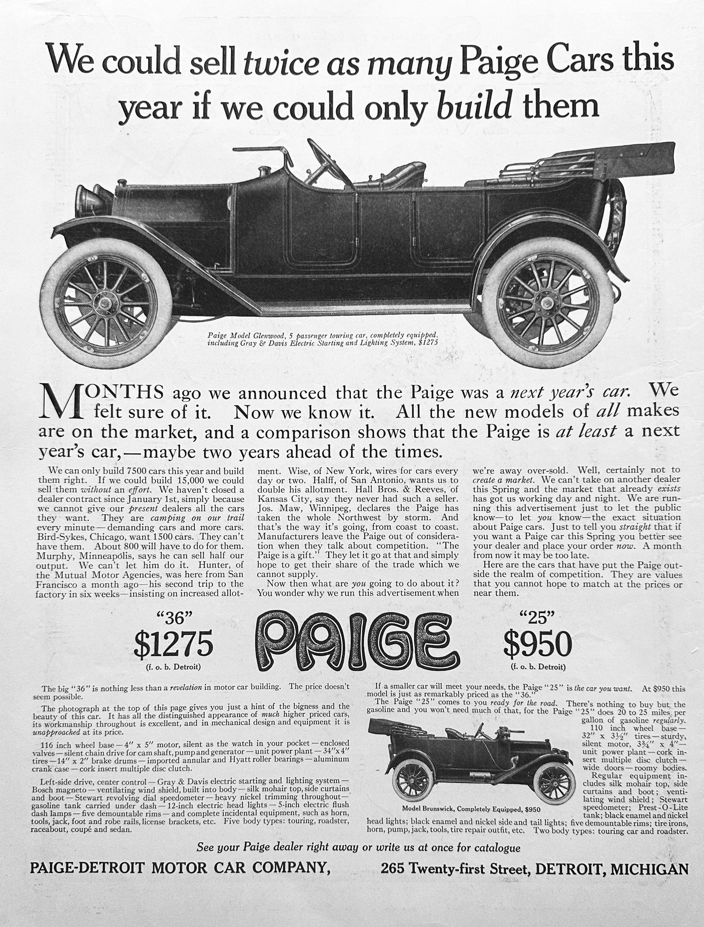 1913 Paige-Detroit Motor Car Co Glenwood & Brunswick Models Ad #1756