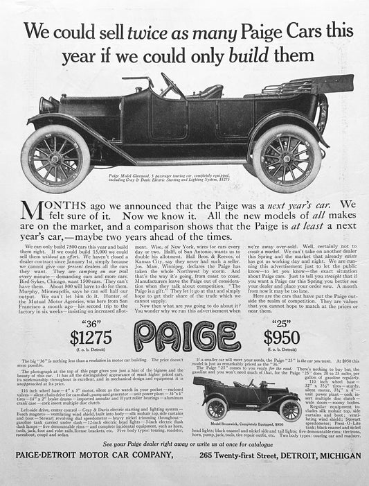 1913 Paige-Detroit Motor Car Co Glenwood & Brunswick Models Ad #1756