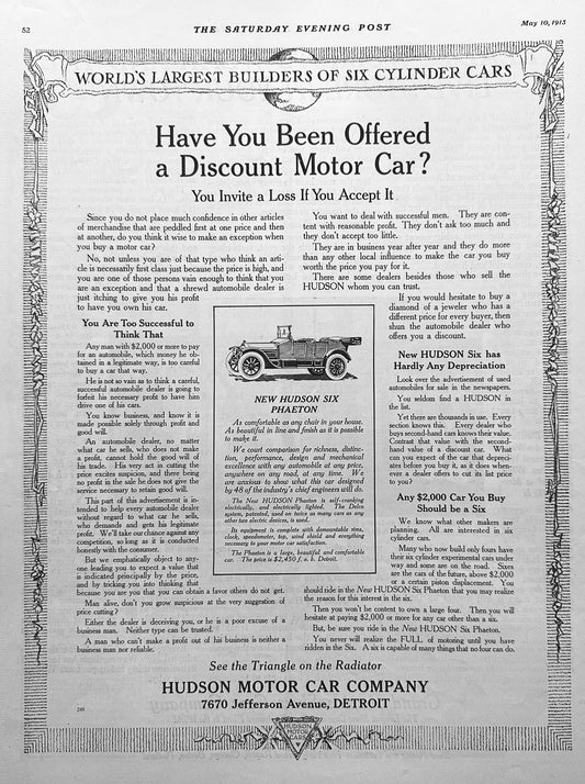 1913 The Hudson Six Phaeton - Detroit, Michigan - Ad #1758