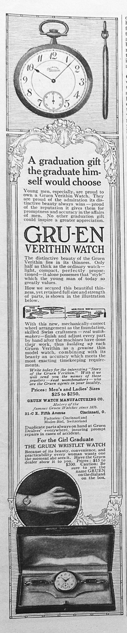 1913 GRUEN Verithin Pocket and Wrist Watches Ad #1761