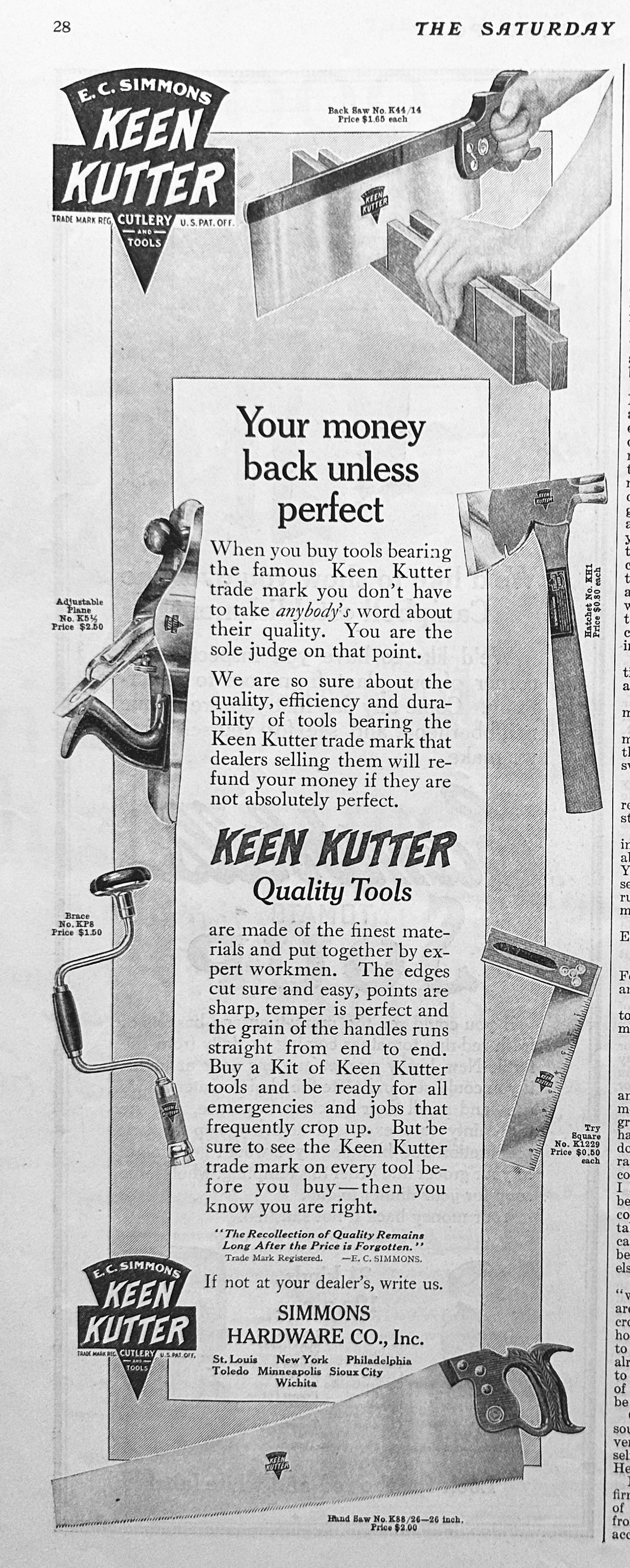 1913 Pair of Keen Kutter Tool Ads - Vintage Woodworking - Ad #1768