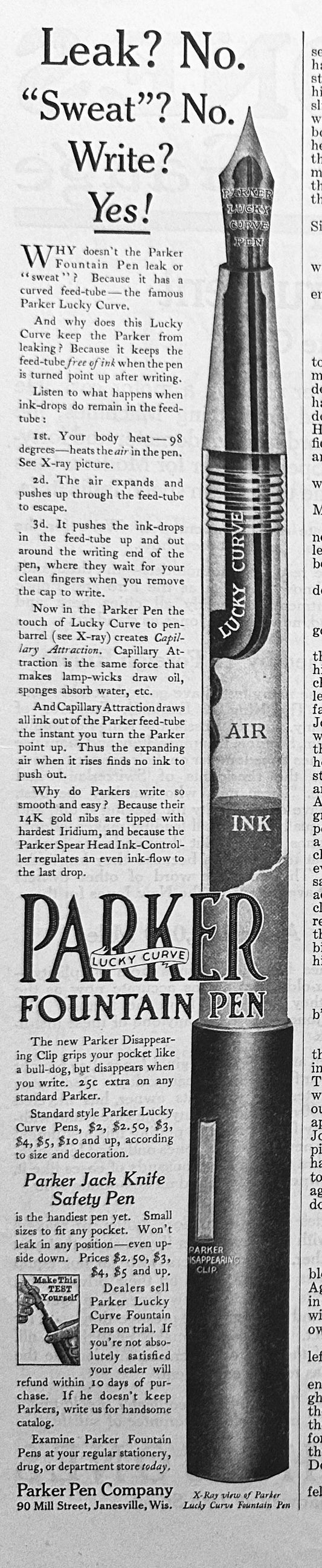 1913 Original Parker Fountain Pen "Lucky Curve" Ad # 1777