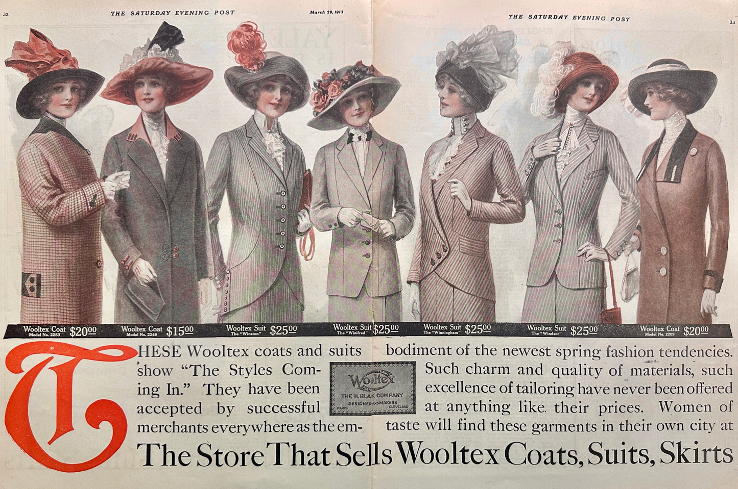 1913 Original Centerfold Ad Featuring Ladies WOOLTEX Coats and Suits Ad #1779