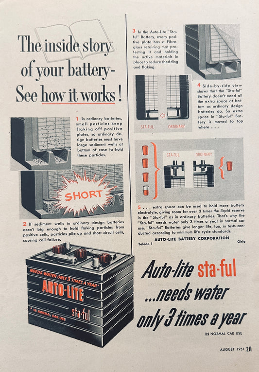 1951 Auto-lite Sta-Ful Car Battery - Needs Water only 3 x Year - Magazine Ad